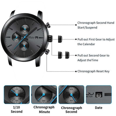 Black + Blue Hands - CRRJU Chronograph Mens Watch