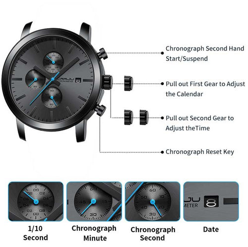 Black + Blue Hands - CRRJU Chronograph Mens Watch