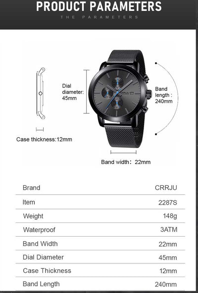 Black + Blue Hands - CRRJU Chronograph Mens Watch