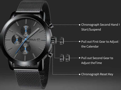 Black + Blue Hands - CRRJU Chronograph Mens Watch