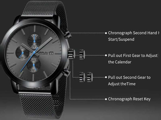 Black + Blue Hands - CRRJU Chronograph Mens Watch