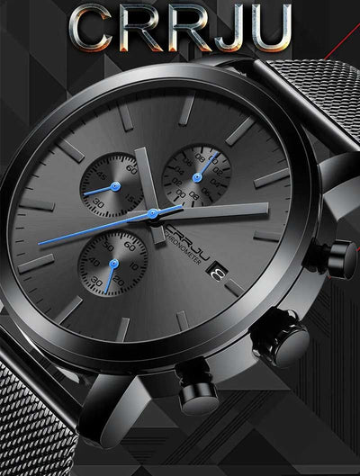 Black + Blue Hands - CRRJU Chronograph Mens Watch