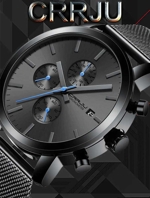 Black + Blue Hands - CRRJU Chronograph Mens Watch