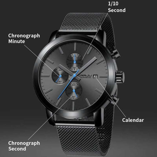 Black + Blue Hands - CRRJU Chronograph Mens Watch
