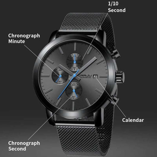 Black + Blue Hands - CRRJU Chronograph Mens Watch