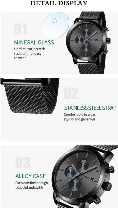 Black + Blue Hands - CRRJU Chronograph Mens Watch
