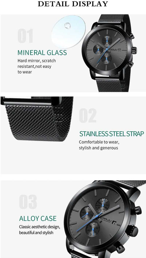 Black + Blue Hands - CRRJU Chronograph Mens Watch