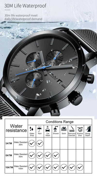 Black + Blue Hands - CRRJU Chronograph Mens Watch