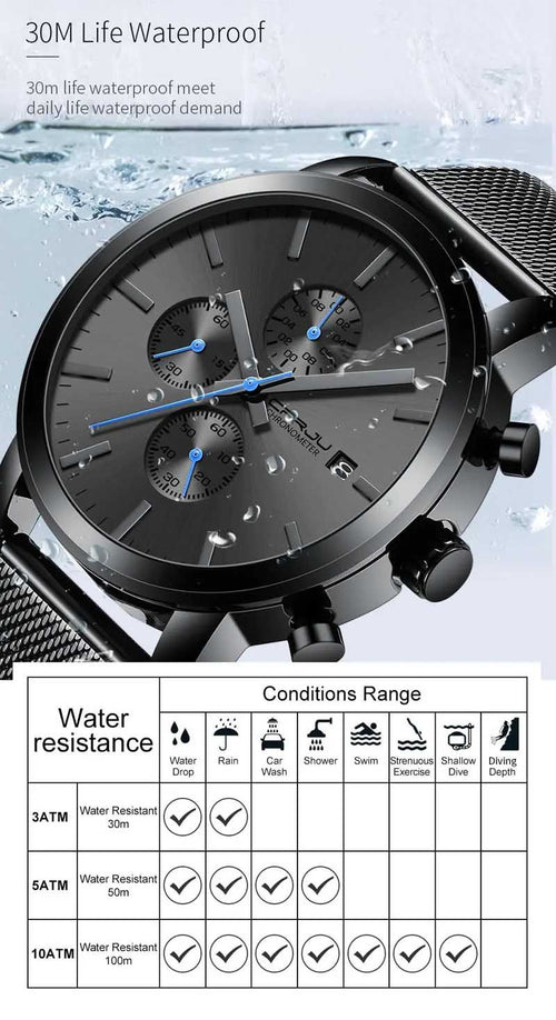 Black + Blue Hands - CRRJU Chronograph Mens Watch